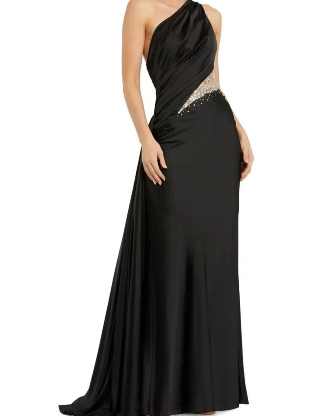 Mac Duggal Black One Shoulder Embellished Satin Gown Dress